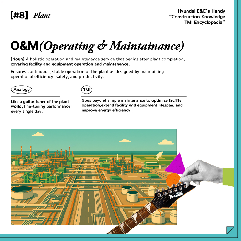 #8. Plant  O&M (Operating & Maintenance) [Noun]  A holistic operation and maintenance service that begins after plant completion, covering facility and equipment operation and maintenance. Ensures continuous, stable operation of the plant as designed by maintaining operational efficiency, safety, and productivity. Analogy Like a guitar tuner of the plant world, fine-tuning performance every single day. TMI Goes beyond simple maintenance to optimize facility operation, extend facility and equipment lifespan, and improve energy efficiency.